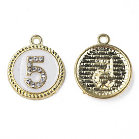 Alloy Enamel Pendants, with Crystal Rhinestone, Cadmium Free & Lead Free, Light Gold, Flat Round with Number.5