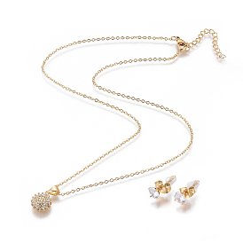 304 Stainless Steel Jewelry Sets, Brass Micro Pave Cubic Zirconia Pendant Necklaces and 304 Stainless Stud Earrings, with Plastic Ear Nuts/Earring Back, Flower