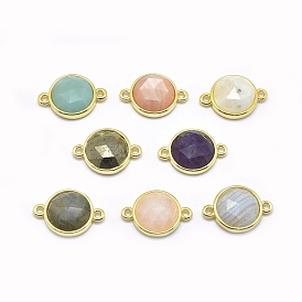 Natural Gemstone Links/Connectors, with Golden Tone Brass Findings, Flat Round, Faceted