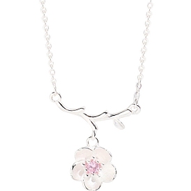 Rhinestone Plum Blossom Pendant Necklace, Brass Jewelry for Women