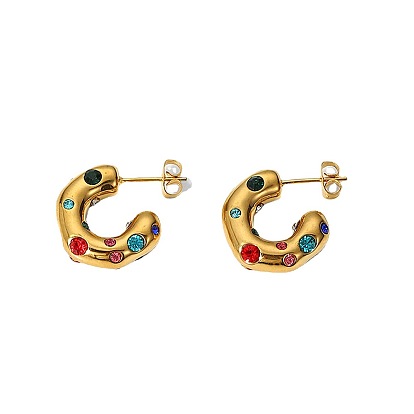 Colorful Zircon Inlaid Hammered C-shaped Earrings, Fashion Retro Ear Jewelry for Women