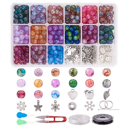 Ensembles de perles de verre pour la cuisson, avec des pendentifs en alliage, alliage et perles en laiton, épingles de fer et anneaux de saut, enfileur de dispositifs d'aiguille à coudre de fer, fil élastique et ciseaux en acier inoxydable