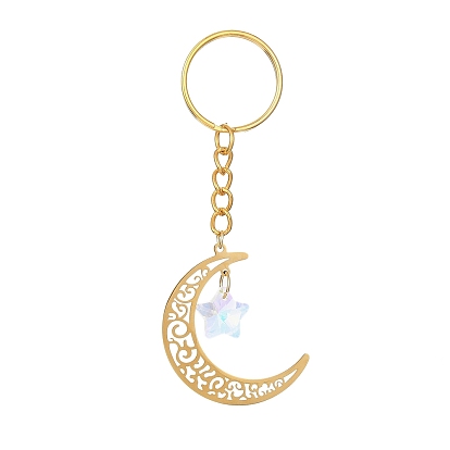 Stainless Steel Hollow Moon Keychains, with Iron Keychain Ring and Star Glass Pendant
