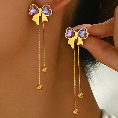 Модные 201 серьги-гвоздики с кисточками и бантом из нержавеющей стали, со стеклом, золотые