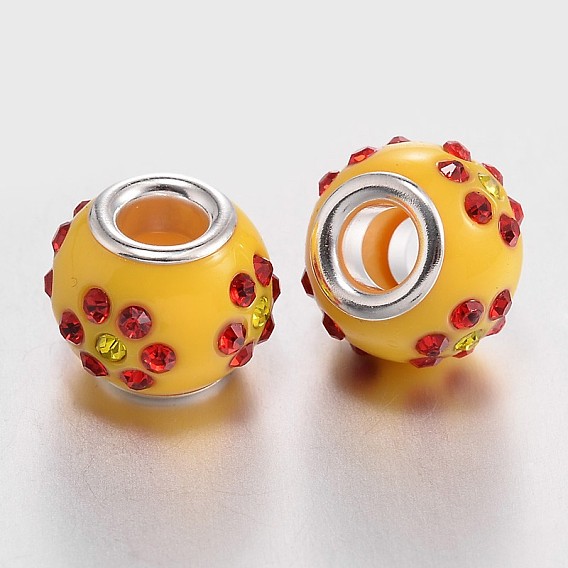 Cmолы Rhinestone Европейский бисером, RONDELLE большие шарики отверстия, с латунными сердечниками с серебряным покрытием, 13x11 мм, отверстие : 5 мм