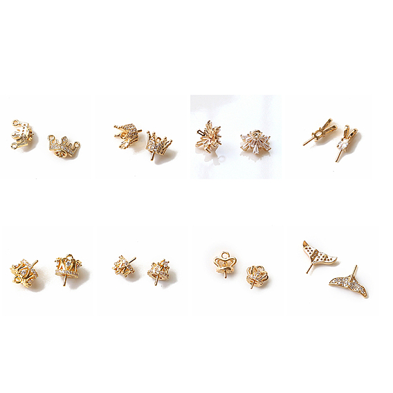 Brass Micro Pave Clear Cubic Zirconia Head Pins, for Ghost Witch Baroque Pearl Making, Rabbit Ear/Crown/Whale Tail/Flower Shape