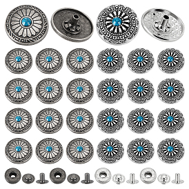 20 наборы 2 цвета латунная кнопка, с крышкой из сплава и пластиковой имитацией бирюзового цвета, хлопчатобумажная одежда покрывает пряжку, плоские круглые с цветком