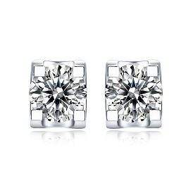 925 Sterling Silver Micro Pave Cubic Zirconia Ear Studs for Women, Rectangle