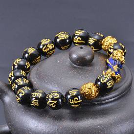 Color-changing Feng Shui Bracelet with Obsidian Beads and Buddhist Prayer, DIY Gift
