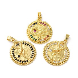 Rack Plating Brass Micro Pave Cubic Zirconia Pendants, Long-Lasting Plated, Lead Free & Cadmium Free, Flat Round with Snake, Golden