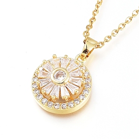 Brass Micro Pave Clear Cubic Zirconia Pendant Necklaces, with 304 Stainless Steel Cable Chains, Flower