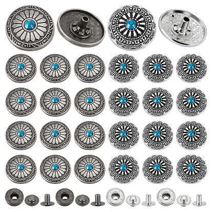 20 наборы 2 цвета латунная кнопка, с крышкой из сплава и пластиковой имитацией бирюзового цвета, хлопчатобумажная одежда покрывает пряжку, плоские круглые с цветком