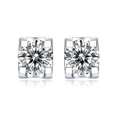 925 Sterling Silver Micro Pave Cubic Zirconia Ear Studs for Women, Rectangle