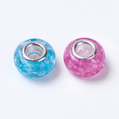 Resin European Beads, with Silver Color Plated Brass Single Core, Rondelle