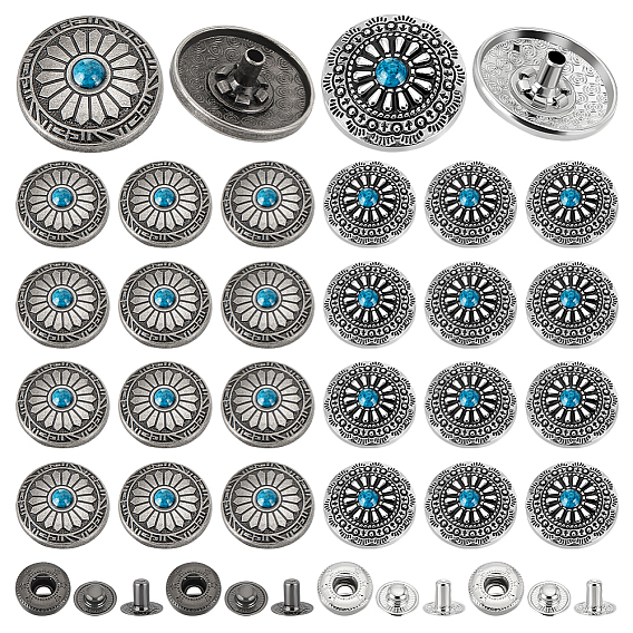 20 наборы 2 цвета латунная кнопка, с крышкой из сплава и пластиковой имитацией бирюзового цвета, хлопчатобумажная одежда покрывает пряжку, плоские круглые с цветком