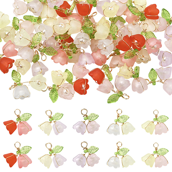 50 шт. двухцветные акриловые подвески, цветок, матовые, с имитацией жемчуга из АБС-пластика и медной проволокой