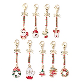 9Pcs 9 Styles Christmas Alloy Enamel Pendant Decoration, Seed Beads and Lobster Claw Clasps Charm for Bag Ornaments, Mixed Shapes