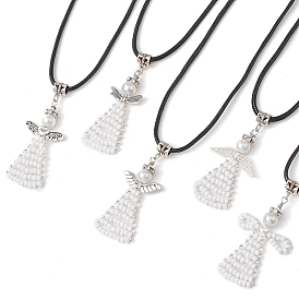 5Pcs 5 Styles Seed Beads Loom Angel Pendant Necklaces, Black Imitation Leather Cord Necklaces