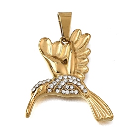 304 Stainless Steel Rhinestone Pendants, Bird Charms, with 201 Stainless Steel Snap On Bails