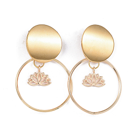 304 Stainless Steel Dangle Stud Earrings, with Ear Nuts and Brass Rings & Pendants, Lotus Flower