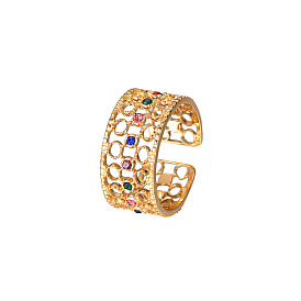 Golden Stainless Steel Hollow Open Cuff Ring, with Cubic Zirconia