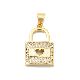 Brass Micro Pave Clear Cubic Zirconia Pendants, with Sythetic Opal, Lock with Gollow Heart