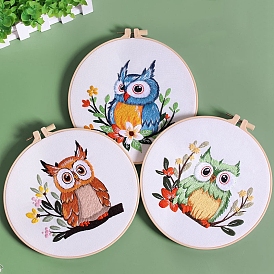 DIY Owl Pattern Embroidery Kits, Including Embroidery Cloth & Thread, Needle, Embroidery Hoop, Instruction Sheet