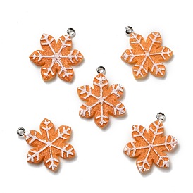 Opaque Resin Pendants, with Platinum Tone Iron Loops, Imitation Gingerbread, Christmas Theme, Snowflake
