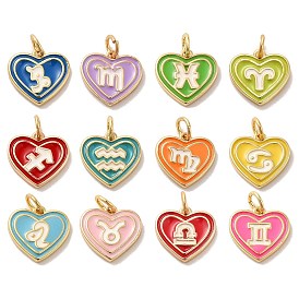 Real 18K Gold Plated Brass Enamel Pendants, with Jump Ring, Heart with Constellation Charm