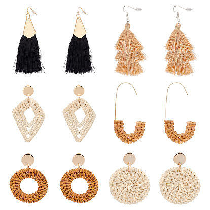 6 пары 6 серьги-гвоздики в форме пончика, воздушного змея, плоского, круглого и арочного вида из ротанга, длинные серьги-капли геометрии с железными булавками для женщин