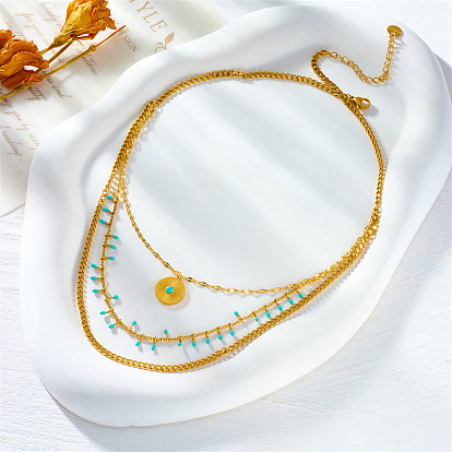 Boho Layered Turquoise Round Pendant Metal Necklace in Retro Ethnic Style