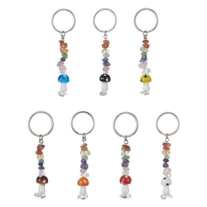 7 piezas 7 estilos llaveros de chips de piedras preciosas naturales de chakra con dije de seta de murano, con llavero de hierro