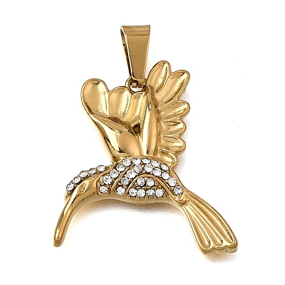 304 Stainless Steel Rhinestone Pendants, Bird Charms, with 201 Stainless Steel Snap On Bails