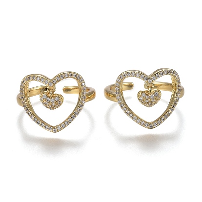 Anillas de latón ajustable micro pavimento claro cubic zirconia, anillos de corazón abierto, larga duración plateado