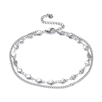 304 Stainless Steel Multi-Strand Anklets, with Lobster Claw Clasps, Heart