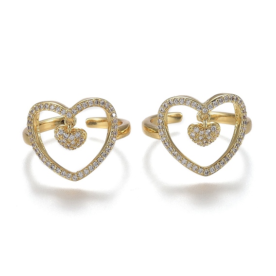 Adjustable Brass Micro Pave Clear Cubic Zirconia Cuff Rings, Open Heart Rings, Long-Lasting Plated
