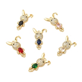 Rack Plating Brass Micro Pave Clear Cubic Zirconia Connector Charms, Rabbit Links, with Faceted Glass, Cadmium Free & Lead Free, Real 18K Gold Plated
