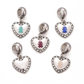 304 dijes colgantes europeos con diamantes de imitación y cristal de acero inoxidable, Grandes colgantes agujero, con esmalte y corte de fluorescencia, cristal, corazón con la muchacha