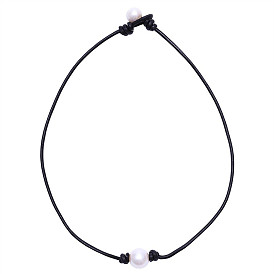Chic Gothic Style Black Leather Choker with Short Pearl Necklace for Women