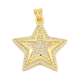 Rack Plating Brass Micro Pave Clear Cubic Zirconia Pendants, Long-Lasting Plated, Cadmium Free & Lead Free, Star