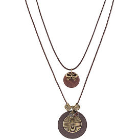 1Pc Bohemian Wood & Alloy Pendant Double Layer Necklaces for Women, Flat Round & Bowknot, Coconut Brown