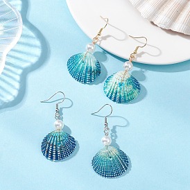 2 пары серег-подвесок из окрашенных натуральных ракушек, формы раковины, с экологически чистой медной проволокой и 304 фурнитурой для сережек из АБС-пластика с имитацией жемчуга и нержавеющей стали
