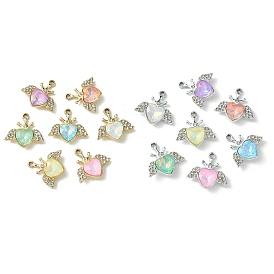 UV Plating Alloy Mixed Color Glass Rhinestone Pendants, Heart with Wings