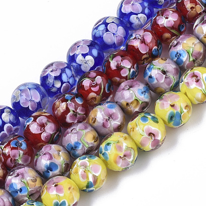 Handmade Lampwork Beads Strands, Inner Flower, Round