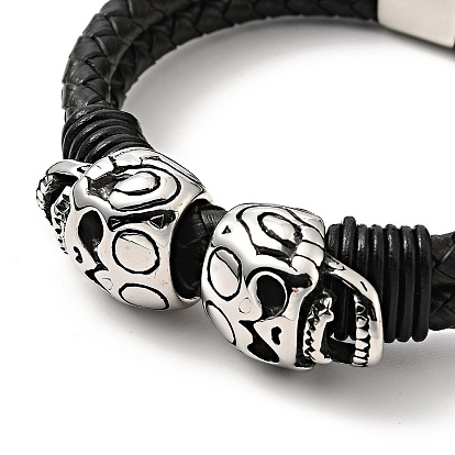 304 Stainless Steel Skull Beaded Double Loops Multi-strand Bracelet with Magnetic Clasp, Gothic Bracelet with Leather Cord for Men Women