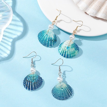 2 пары серег-подвесок из окрашенных натуральных ракушек, формы раковины, с экологически чистой медной проволокой и 304 фурнитурой для сережек из АБС-пластика с имитацией жемчуга и нержавеющей стали