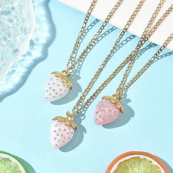 3Pcs Acrylic Rhinestone Pendant Necklaces, Strawberry, with 304 Stainless Steel Figaro Chain