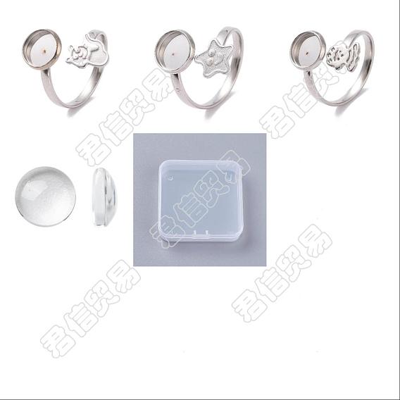 DIY Flat Round Blank Dome Cuff Ring Making Kit, Including Cat & Star & Human 304 Stainless Steel Open Ring Settings, Glass Cabochons