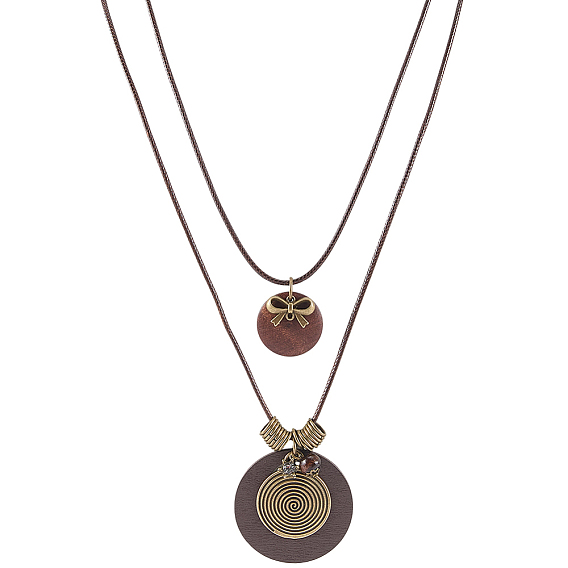 1Collares de doble capa con colgante de madera y aleación estilo bohemio para mujer, plana y redonda del bowknot, coco marrón