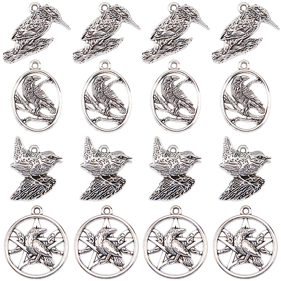 40Pcs 4 Styles Tibetan Style Alloy Pendants, Crow Charms, Antique Silver